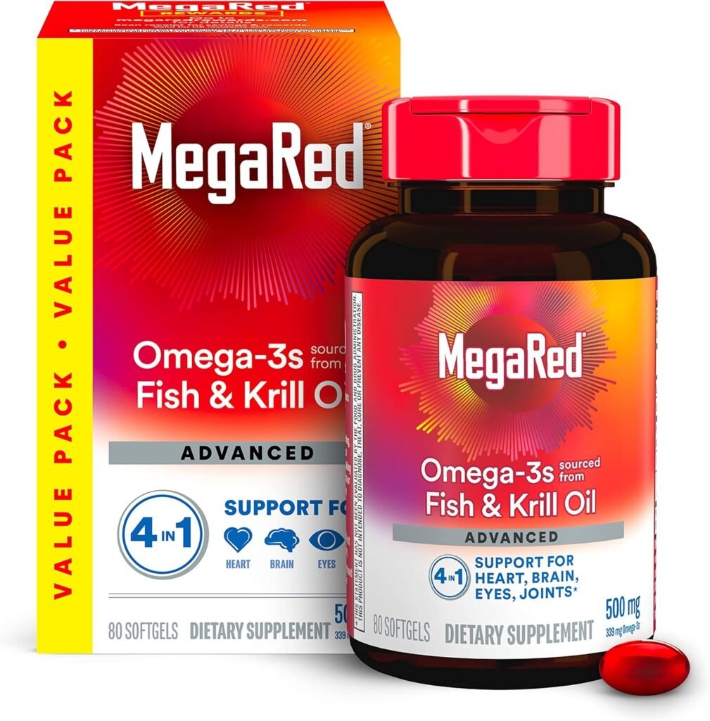 Megared Omega-3 Fish Oil + High Absorption Krill Oil 500mg Softgels, MegaRed Advanced 4in1 (80 count in a bottle) Concentrated Omega-3 Fish & Krill Oil Supplement