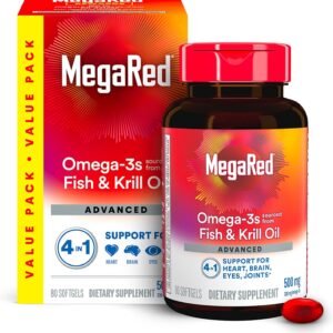 Megared Omega-3 Fish Oil + High Absorption Krill Oil 500mg Softgels, MegaRed Advanced 4in1 (80 count in a bottle) Concentrated Omega-3 Fish & Krill Oil Supplement