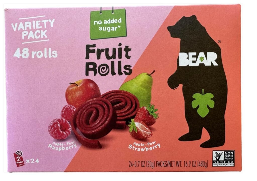 Bear Real Fruit Snack Rolls, Strawberry & Raspberry Variety Pack 48 Rolls (24 Packs, 2 Rolls per Pack)