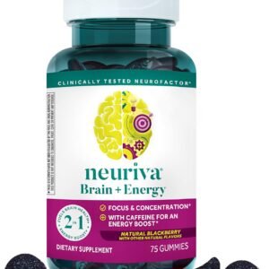 NEURIVA Brain + Energy Gummies, Nootropic Brain Supplements for Focus and Concentration with Neurofactor, Vitamin B12 & Caffeine for an Energy Boost, 75ct Natural BlackBerry