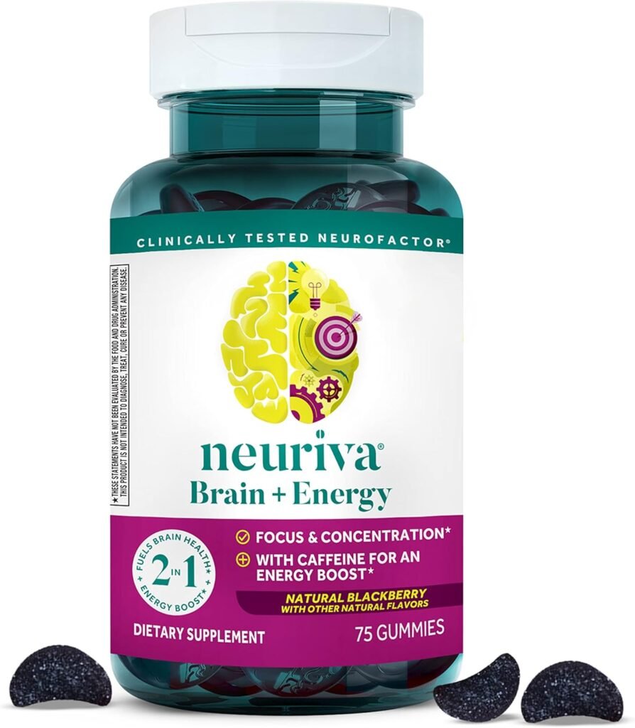 NEURIVA Brain + Energy Gummies, Nootropic Brain Supplements for Focus and Concentration with Neurofactor, Vitamin B12 & Caffeine for an Energy Boost, 75ct Natural BlackBerry