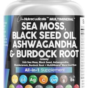 Clean Nutraceuticals Sea Moss Black Seed Oil Ashwagandha Turmeric Bladderwrack Burdock & Vitamin C Vitamin D3 with Elderberry Manuka Dandelion Yellow Dock Iodine Chlorophyll ACV