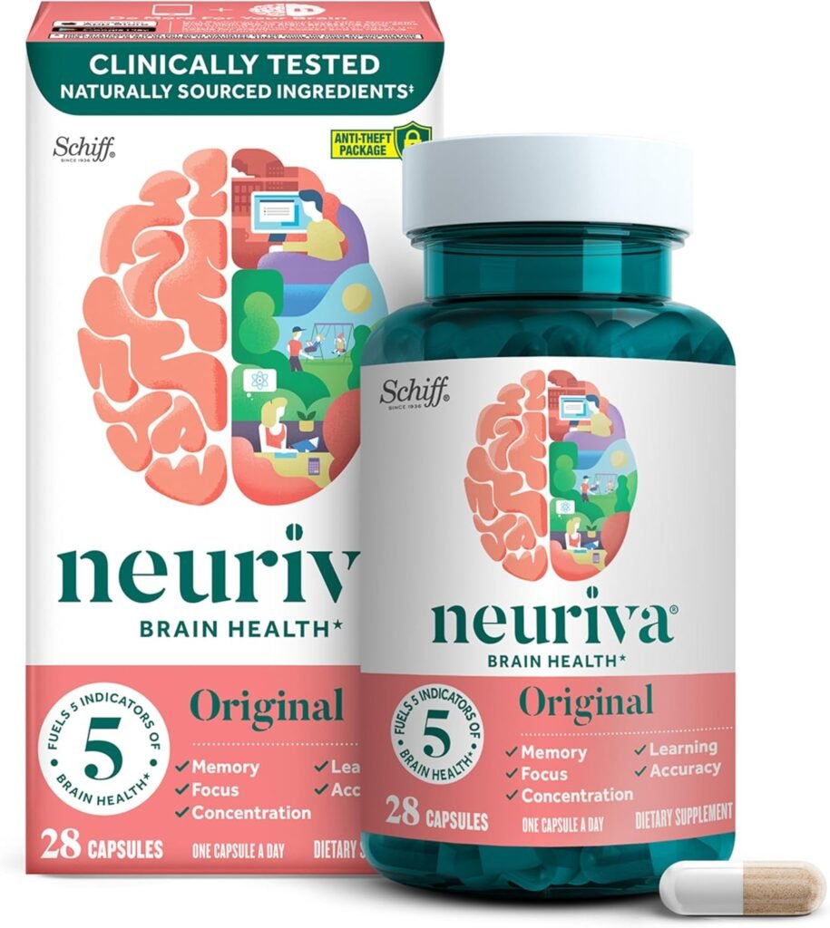 NEURIVA Original 28ct Capsules Decaffeinated Clinically Tested Nootropic Brain Supplement for Memory, Focus & Concentration, NeuroFactor & Phosphatidylserine