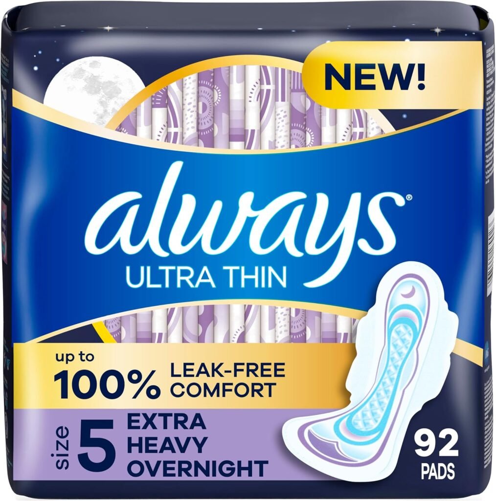 Always Ultra Thin Size 5 Extra Heavy Overnight Pads with Wings, Unscented – 92 Count