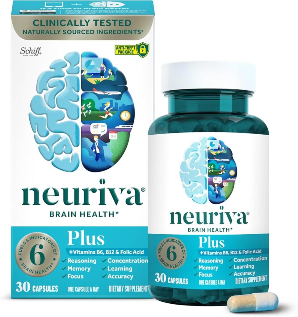NEURIVA Plus Brain 30 Capsules Supplement for Memory and Focus Clinically Tested Nootropics for Concentration for Mental Clarity, Cognitive Enhancement Vitamins B6, B12, Phosphatidylserine