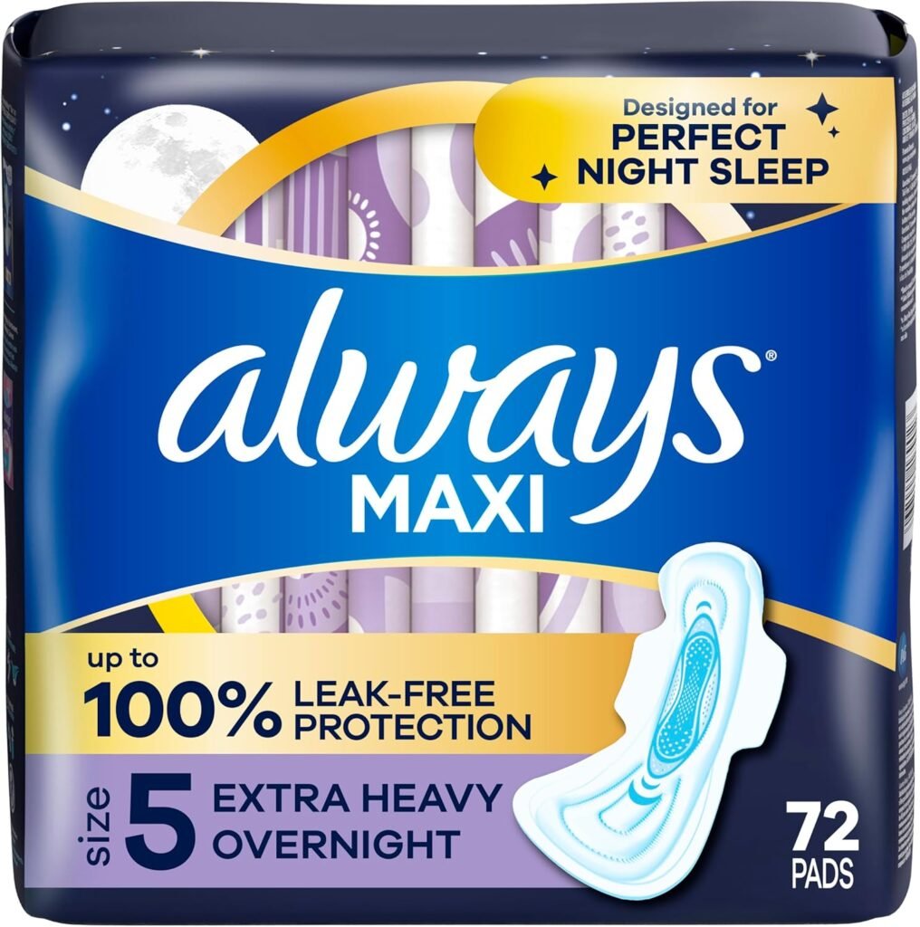Always Maxi Size 5 Extra Heavy Overnight Wings Pads, Unscented – 72 Count